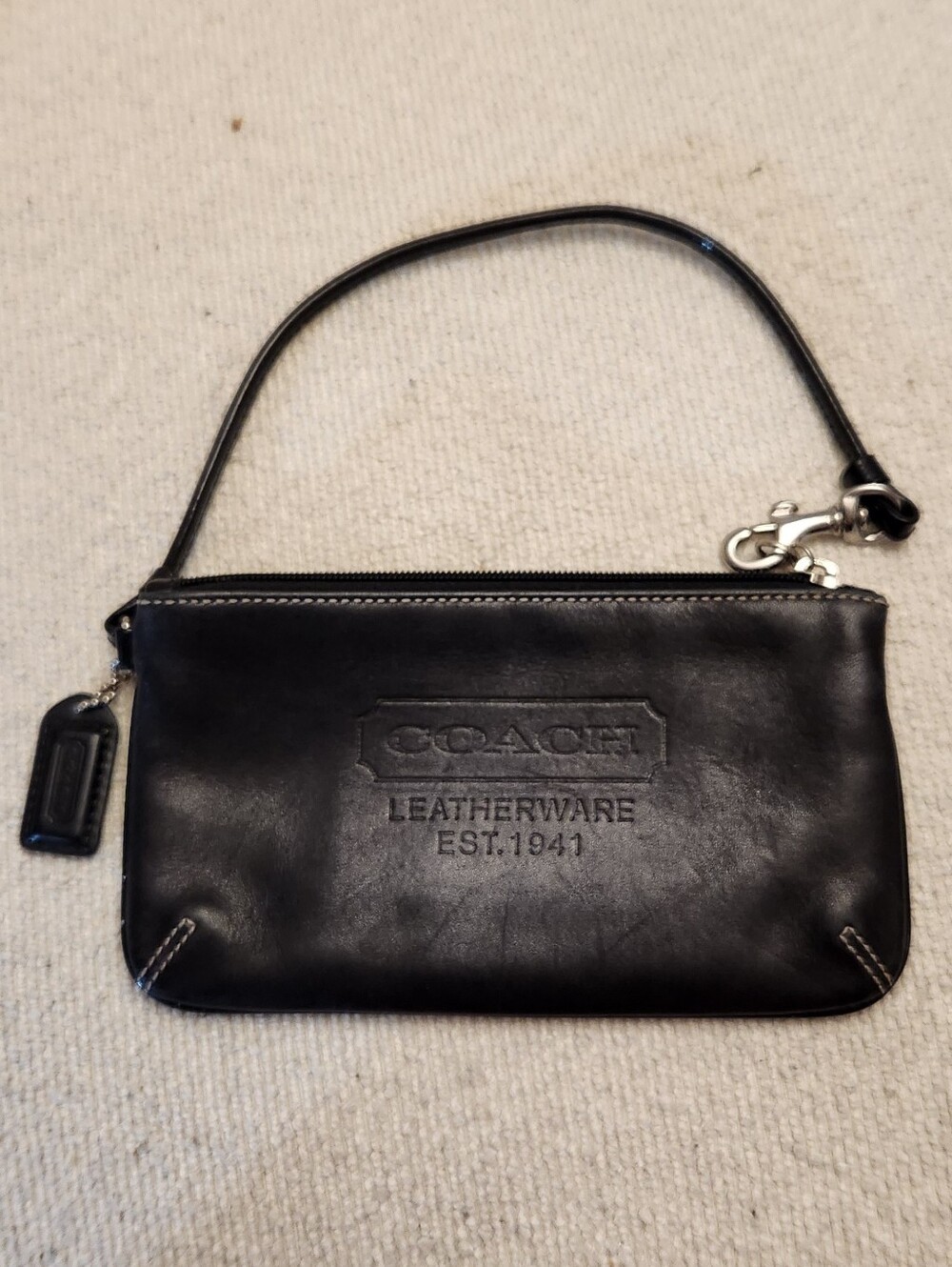 Coach Black Leather Zip Wristlet with Embossed Logo